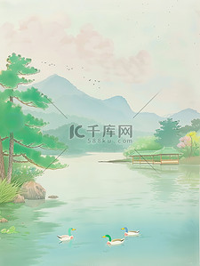 粉笔笔触插画图片_春江水暖的鸭子粉笔画插画素材