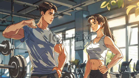 健身健身房插画图片_手绘卡通健身房肌肉男女的插画