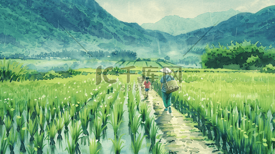 行走插画图片_手绘绿色户外稻田老人小孩道路行走的背景图片