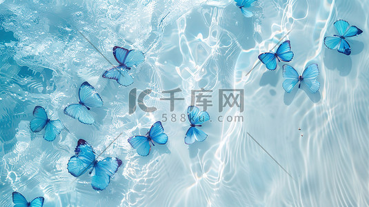 透明玻璃的插画图片_水边蓝色透明蝴蝶插画海报