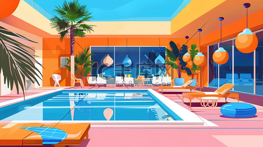 酒店用品插画图片_酒店的泳池派对橙色和蓝色插画素材