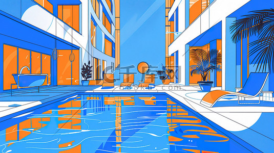 酒店用品插画图片_酒店的泳池派对橙色和蓝色图片