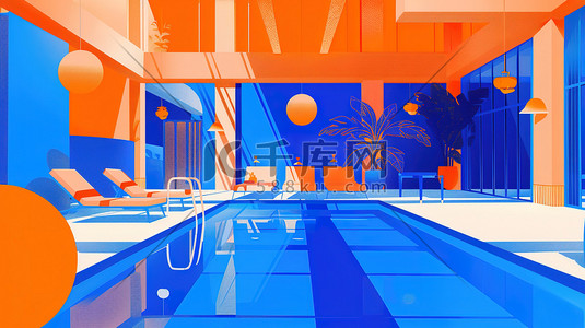 酒店的泳池派对橙色和蓝色插画海报