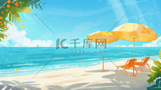 户外海水沙滩遮阳伞躺椅花草的插画