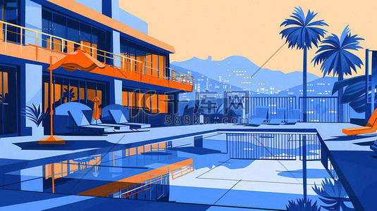 酒店名片插画图片_酒店的泳池派对橙色和蓝色素材