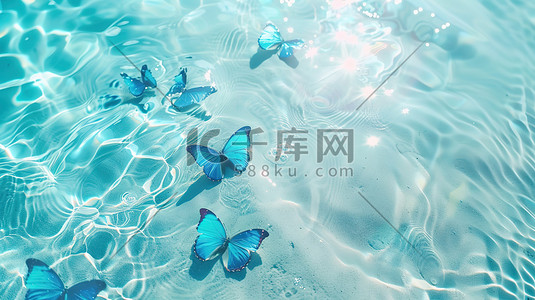 毛玻璃透明插画图片_水边蓝色透明蝴蝶插图