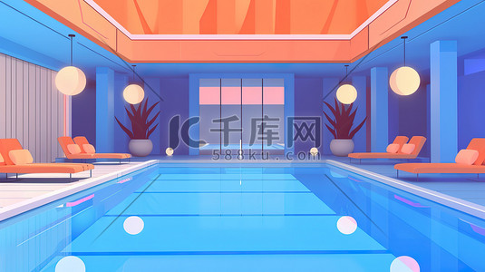 酒店会场插画图片_酒店的泳池派对橙色和蓝色插图