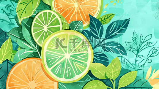 柠檬红茶插画图片_手绘绘画绿色水果柠檬的插画