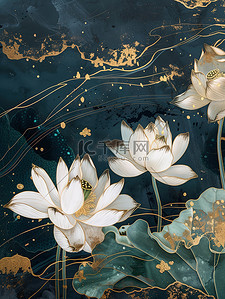 金色纹理插画图片_荷花壁画纹理金色线条插画素材