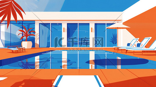 酒店名片插画图片_酒店的泳池派对橙色和蓝色插画海报