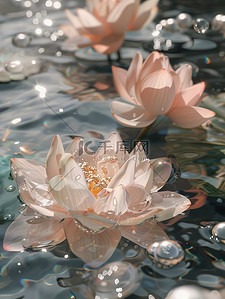 透明玻璃的插画图片_透明的水晶莲花漂浮在水中插画图片