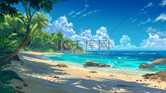 彩绘户外景区大海沙滩树木的插画