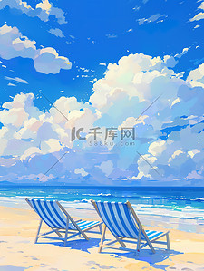 蓝色海洋插画图片_蓝色海洋的海滩休闲度假原创插画