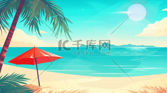 夏日海边沙滩上的躺椅和遮阳伞插画