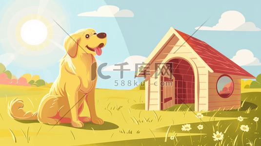 绘画户外卡通动物小狗狗屋的插画
