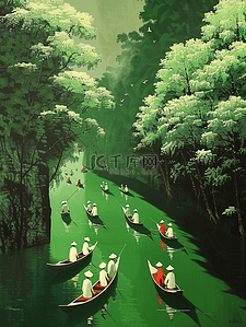风景区插画图片_户外风景区绿色树木河面上小船船队的插画
