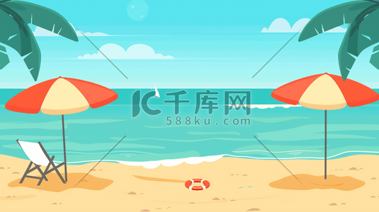 沙滩的遮阳伞插画图片_夏日海边沙滩上的躺椅和遮阳伞插画