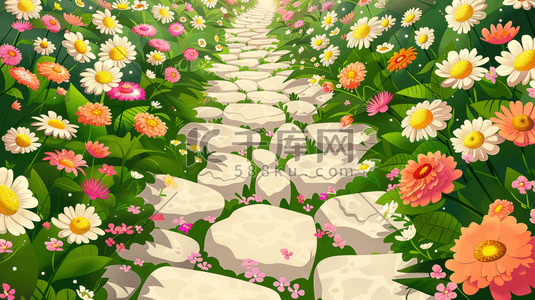 公园里石子道路旁花草花丛的插画