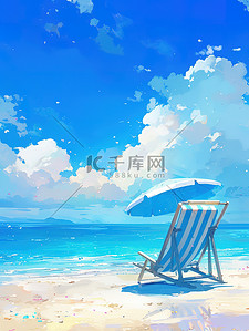 蓝色海洋插画图片_蓝色海洋的海滩休闲度假原创插画