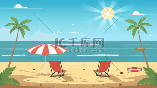 海边海滩插画图片_夏日海边沙滩上的躺椅和遮阳伞插画