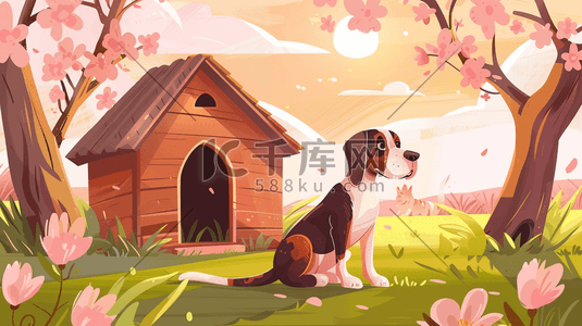 动物小狗插画图片_绘画户外卡通动物小狗狗屋的插画