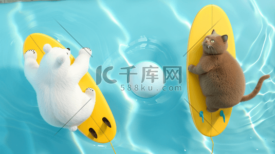 游泳池冲浪板上的北极熊和猫咪图片