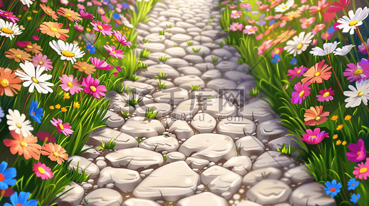 公园里石子道路旁花草花丛的插画