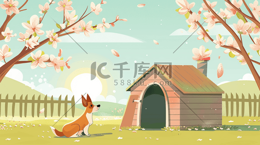 动物小狗狗插画图片_绘画户外卡通动物小狗狗屋的插画