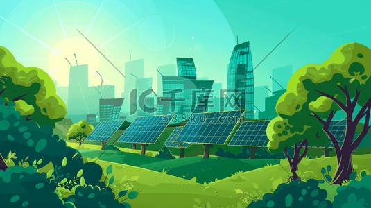 郊野里新能源工厂的太阳能板插画