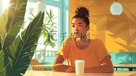 热的插画图片_咖啡厅里独自喝咖啡的年轻女生图片