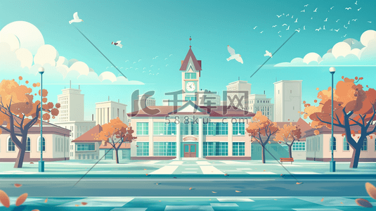 行政区域插画图片_阳光下的学校教学楼插画