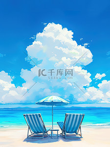 蓝色海洋插画图片_蓝色海洋的海滩休闲度假插画图片