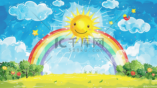 儿童ppt插画图片_缤纷画画儿童卡通绘画太阳彩虹的插画