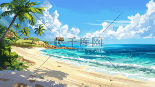 彩绘户外景区大海沙滩树木的插画