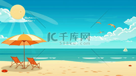 沙滩的遮阳伞插画图片_夏日海边沙滩上的躺椅和遮阳伞插画