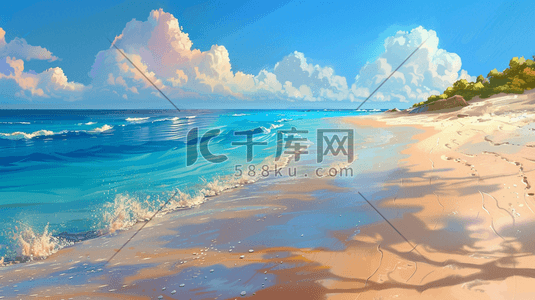 户外风景树木大海海边海水沙滩的插画