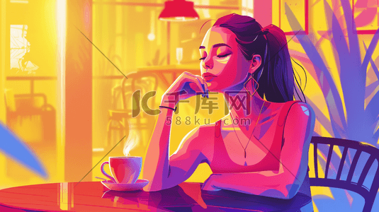 热的热插画图片_咖啡厅里独自喝咖啡的年轻女生图片