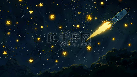 黄色的星星插画图片_火箭在漆黑的星空中飞行插画