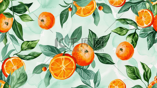 夏季新鲜橙子和绿叶插画