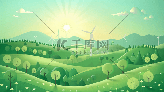 风车插画图片_青青郊外山野草地上的大风车插画