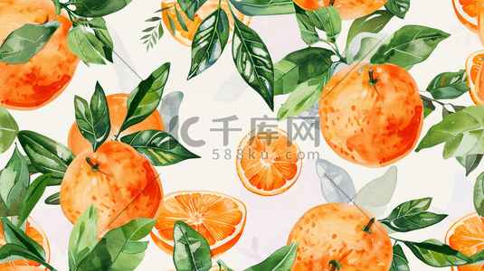 夏季新鲜橙子和绿叶插画