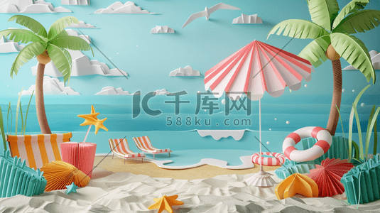 唯美夏天沙滩躺椅遮阳伞的插画