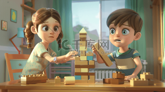 3D一起堆砌积木的小男孩和小女孩插画