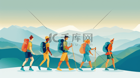 旅行登山插画图片_绘画登山人员徒步旅行登山的插画