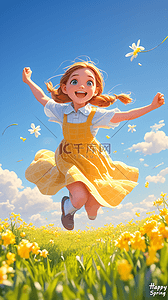 开心的人插画图片_春天青春活力在草地奔跑的人插画海报