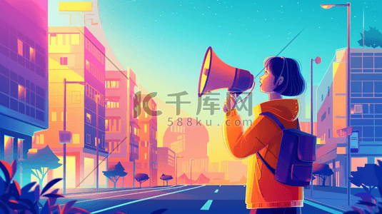 手城市插画图片_城市道路上青年手拿喇叭大喊的插画