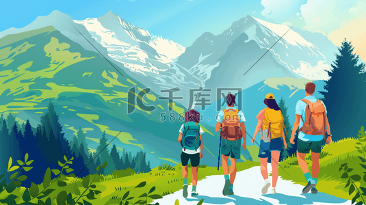 雪天步行插画图片_绘画登山人员徒步旅行登山的插画