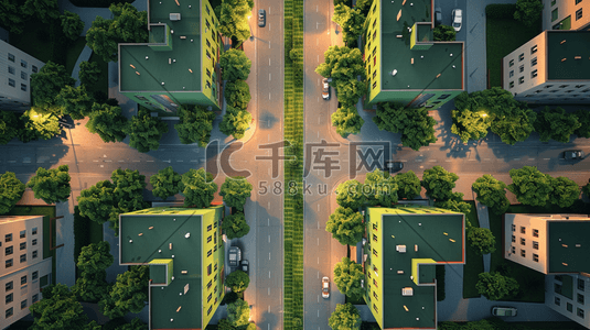 俯视城市楼房树木街道的插画