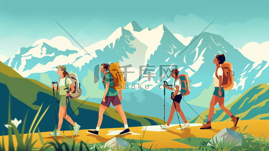 人员汇总插画图片_绘画登山人员徒步旅行登山的插画