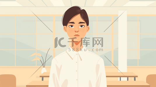 证件照上衣插画图片_绘画身穿白色上衣女孩室内的插画